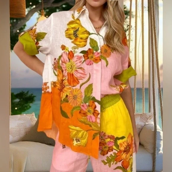 Bohemian Floral Print Shirt & Pants Cotton Linen Short Sleeve Two Piece Set - Picture 2 of 12